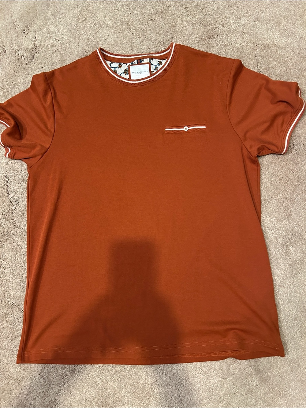 Denim & Flower Men's Short Sleeve Crewneck Tee in Rust with White Trim Size XL